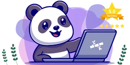 A cute panda is sitting at a laptop, smiling. A 5.0 rating badge is displayed in the top right corner.