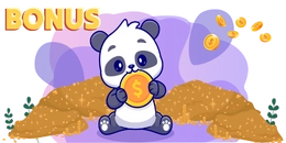 A cute panda sitting on a pile of gold coins, holding a large gold coin with a dollar sign. The word "BONUS" is displayed in large letters above the panda.