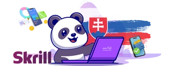 Panda using a laptop, with a Slovak flag, Skrill logo, and mobile payment icons.