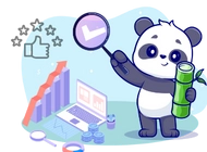 Panda holding a magnifying glass and a bamboo stick, with a chart, laptop, and coins in the background.