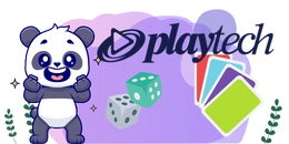 A cute panda is smiling and standing next to dice and playing cards. The Playtech logo is in the top right corner.