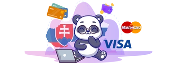 Panda using a laptop, with a Slovak flag, Mastercard, and Visa logos.