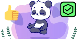 A cute panda meditating with a thumbs-up emoji in the background and a green checkmark in a hexagon.