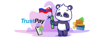 Panda holding a Slovak flag, with TrustPay logo and payment symbols like credit cards and coins.