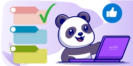 A cute panda sitting at a laptop. There is a list, a checkmark and a thumbs-up icon.