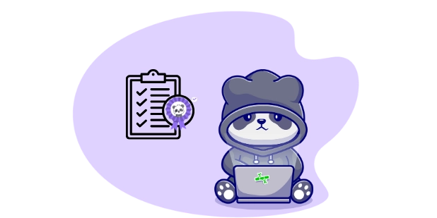 Playful panda cartoon hacker, focused on a task with a checklist and a skull icon.