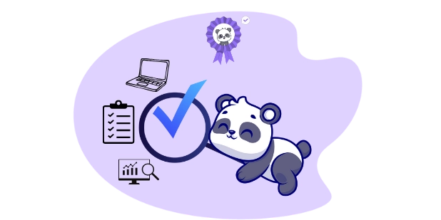 Cute panda cartoon character with a checklist, laptop, magnifying glass, and a ribbon, suggesting productivity and success.