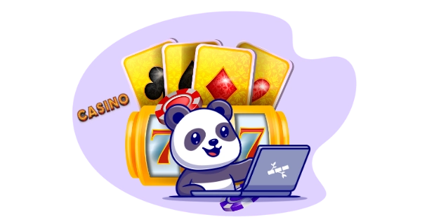 Cute panda cartoon character playing casino games on a laptop, with playing cards and a slot machine in the background.