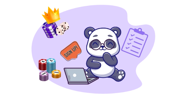 Cute panda cartoon character wearing glasses and using a laptop, surrounded by casino-related icons like chips, dice, and a sign-up button.