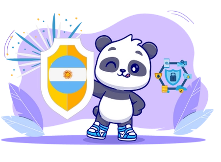 Playful panda cartoon protecting online data, with a shield, the Argentinian flag, and security symbols.