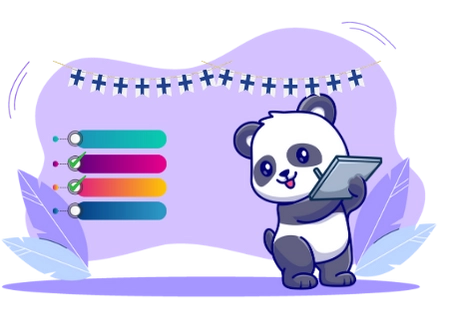 Playful panda cartoon artist creating designs, with Finnish flags and a rating system.