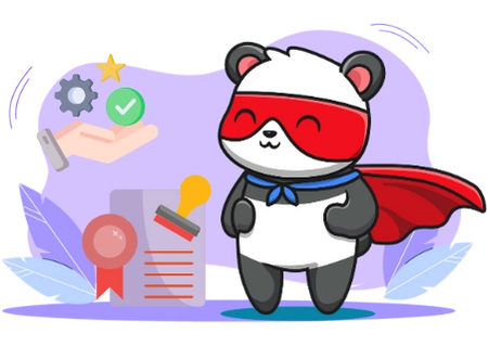 Cute panda cartoon character dressed as a superhero, with a certificate, a stamp, and quality assurance symbols, suggesting a focus on quality and reliability.