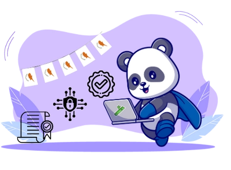 Happy panda cartoon character enjoying a secure online experience, with a laptop, security symbols, and a superhero cape.