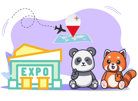 Two cute cartoon animals, a panda and a red panda, waving in front of an expo building and a plane flying over a map with a Maltese flag pin, suggesting a focus on travel and exhibitions.