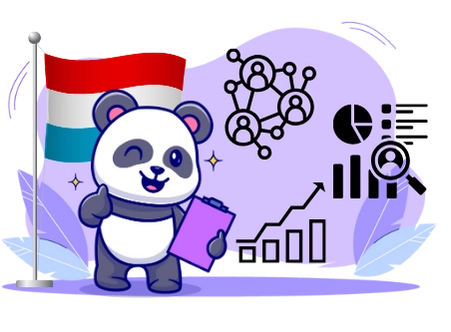 Happy panda cartoon character enjoying data analysis, with a clipboard, a flag, and data analysis icons.