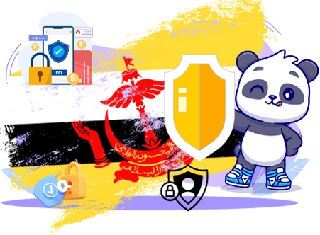 Cute panda cartoon character standing next to a shield, with the Brunei flag, payment symbols, and security icons, suggesting a focus on secure online payments in Brunei.