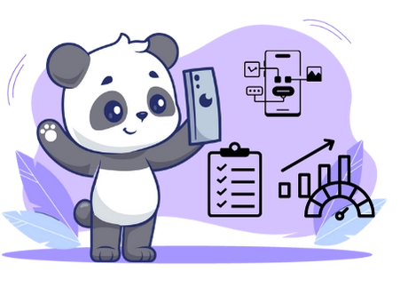 Cute panda cartoon character holding a smartphone, with icons representing app development, performance metrics, and a checklist, suggesting a focus on mobile app development and optimization.