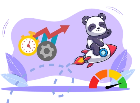 Playful panda cartoon accelerating towards success, with a stopwatch, gears, and a progress bar.