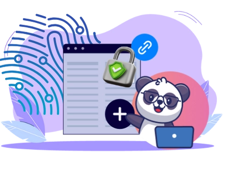 Cute panda cartoon character with the Anjouan flag in the background, celebrating with a lucky clover and dice, suggesting a focus on Anjouan-licensed online casinos. Happy panda cartoon character enjoying the benefits of a secure website, with a laptop, a padlock, a checkmark, and a link icon.