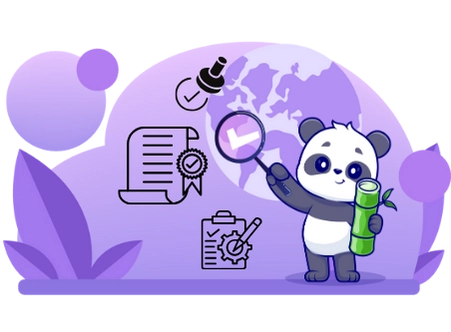 Happy panda cartoon character ensuring quality, with a bamboo stick, a magnifying glass, and a checklist.