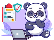 A cute panda wearing glasses and sitting on the floor, using a laptop. There is a clipboard with a checklist and a shield with a checkmark in the background.