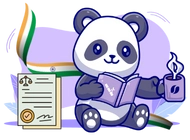 Panda reading book, coffee, legal documents, India flag