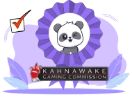 A cute panda is winking and inside a purple ribbon with a checkmark. The Kahnawake Gaming Commission logo is in the background.