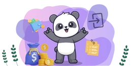 Panda with a money bag, coins, and a checklist, surrounded by money symbols.