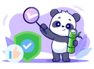 Panda holding a bamboo stick and a magnifying glass with a checkmark. There's a shield with a checkmark and a thumbs-up icon in the background.