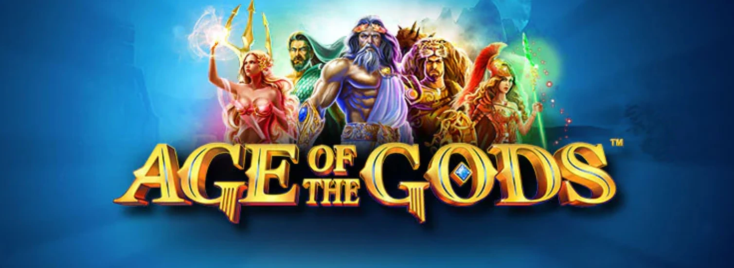 A group of Greek gods and goddesses standing together against a blue background. The text "Age of the Gods" is displayed in gold letters.