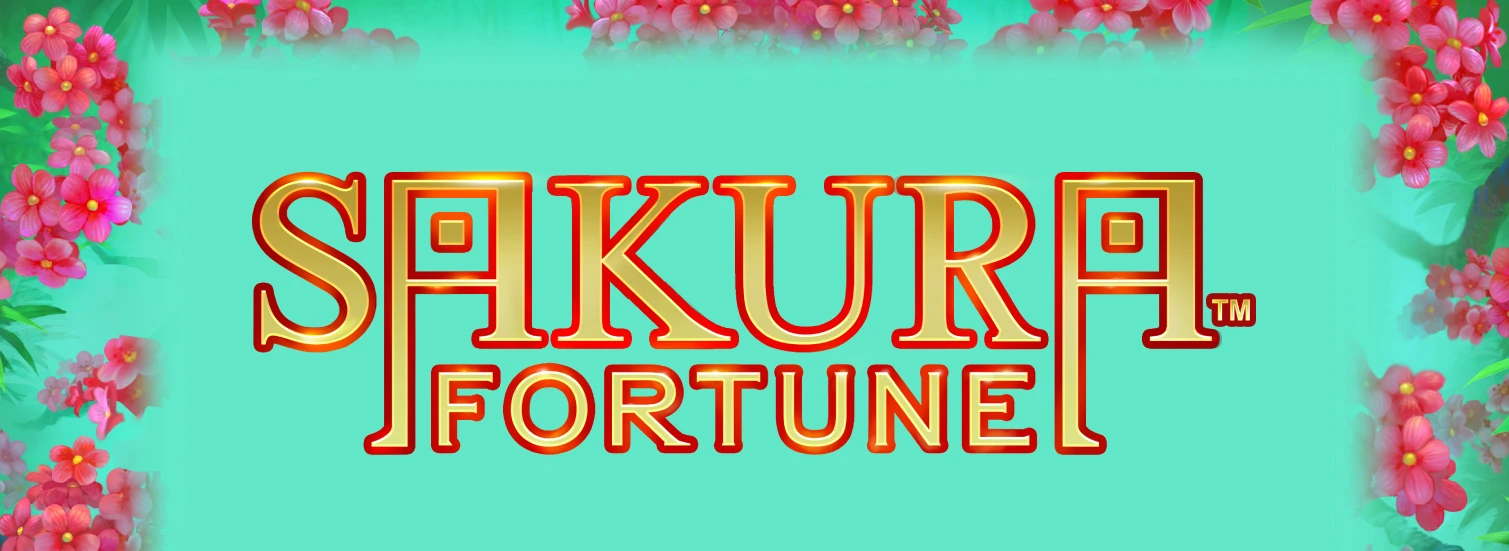 The title "SAKURA FORTUNE" in gold lettering, surrounded by pink cherry blossoms against a turquoise background.