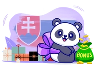 Panda wearing a big ribbon, surrounded by coins, gifts and Slovakia flag behind.