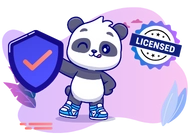 A cute panda wearing sneakers is holding a shield with a checkmark. A 