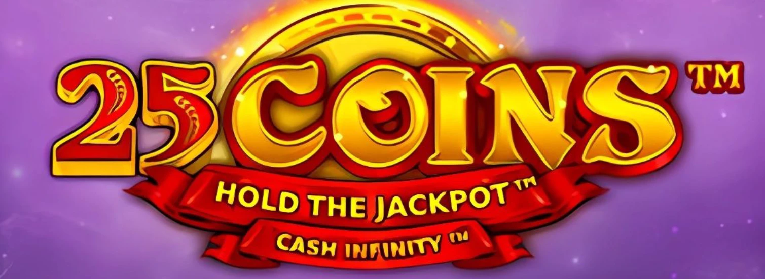 25 Coins slot machine logo, showcasing a golden coin and the "Hold the Jackpot" and "Cash Infinity" features.