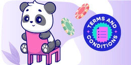 A cute panda sitting on a chair, with casino chips floating around. There is a blue circle with the text "Terms and Conditions" and a list icon inside.