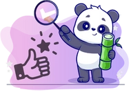 A happy panda holding a magnifying glass with a checkmark and a piece of bamboo. There are thumbs-up icons and stars in the background.