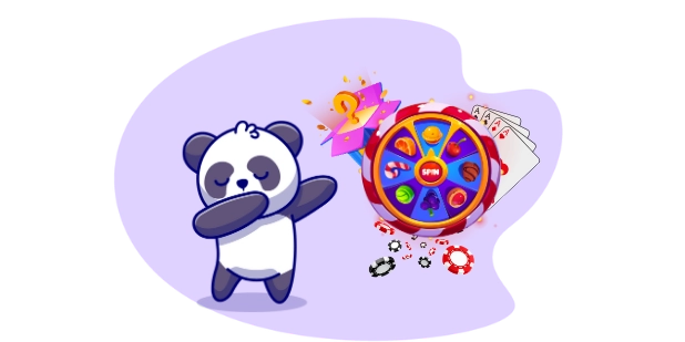 Cute panda cartoon character dabbing, with a spinning wheel and playing cards in the background, suggesting a fun and exciting casino experience.