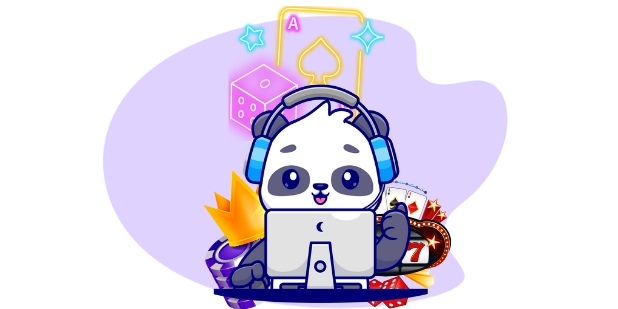 Happy panda cartoon character playing casino games online, with headphones and casino symbols.