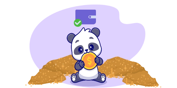 Playful panda cartoon celebrating a big win, surrounded by gold coins and a wallet icon.