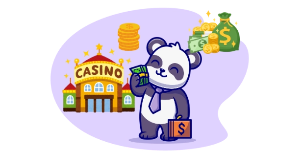 Happy panda cartoon character enjoying a casino jackpot, with money and a briefcase.