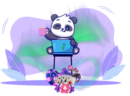 Happy panda cartoon character enjoying a cozy evening with casino games and a cup of tea.