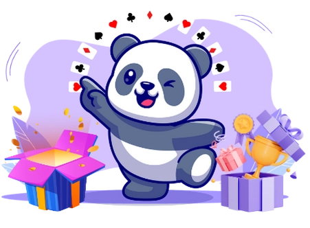 Playful panda cartoon celebrating a big win, with playing cards, gift boxes, a trophy, and confetti.