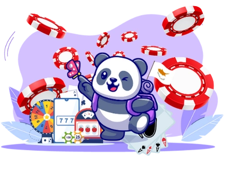 Playful panda cartoon exploring the world of online casinos, with casino chips and playing cards.