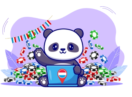 Cute panda cartoon character celebrating with a Luxembourg flag, sitting on a pile of casino chips and using a laptop, suggesting a focus on online casinos in Luxembourg.