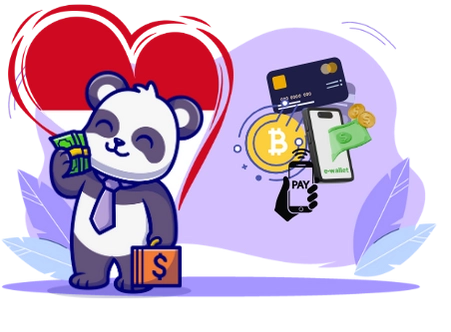 Playful panda cartoon exploring payment options, with the Monaco flag, credit cards, a smartphone, and Bitcoin symbols.