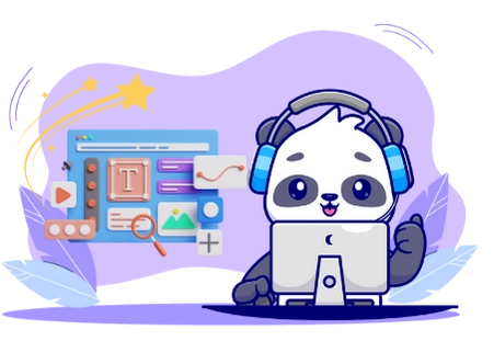 Happy panda cartoon character enjoying the benefits of online learning, with coding icons, a computer, and headphones.