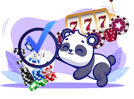 Happy panda cartoon character enjoying the excitement of online casinos, with casino chips, playing cards, and a slot machine.