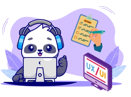 Cute panda cartoon character with headphones, working on a laptop with a checklist and a monitor displaying 