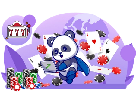 Cute panda cartoon character wearing a superhero cape, using a laptop with a 777 slot machine and playing cards in the background, suggesting a focus on online casino gambling.