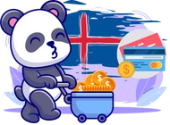 A cute panda pushing a wheelbarrow filled with gold coins. The flag of Iceland is visible in the background, along with a credit card.